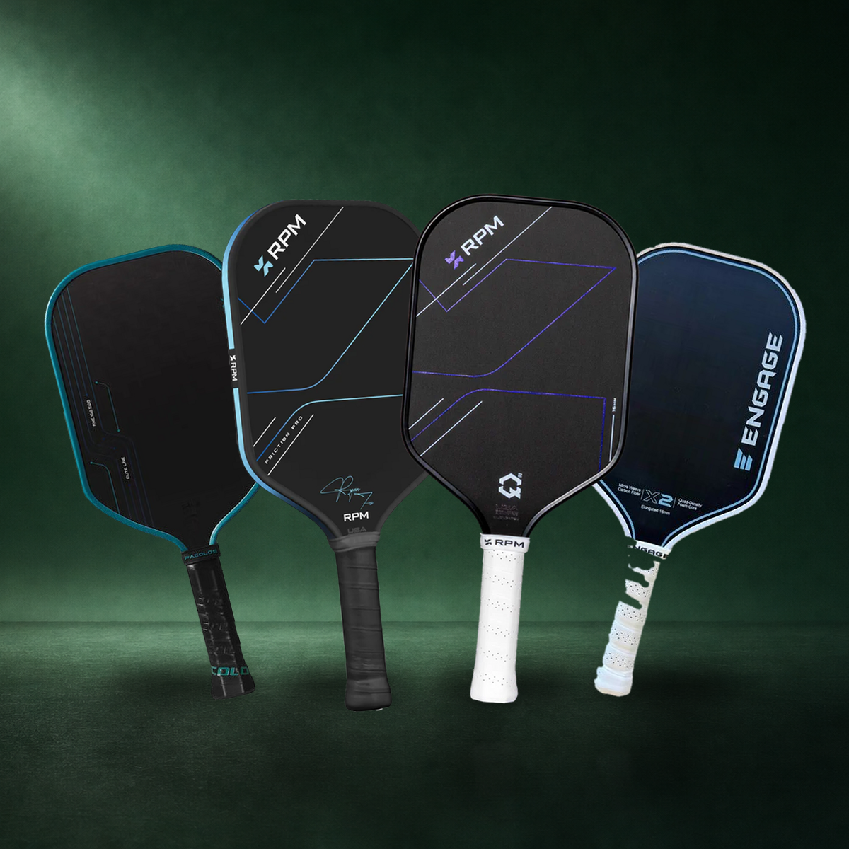 Gen 3 honeycomb paddles, the Facolos Nexx and RPM Friction Pro V2, beside Gen 4 full foam paddles, the RPM Q2 and Engage X2