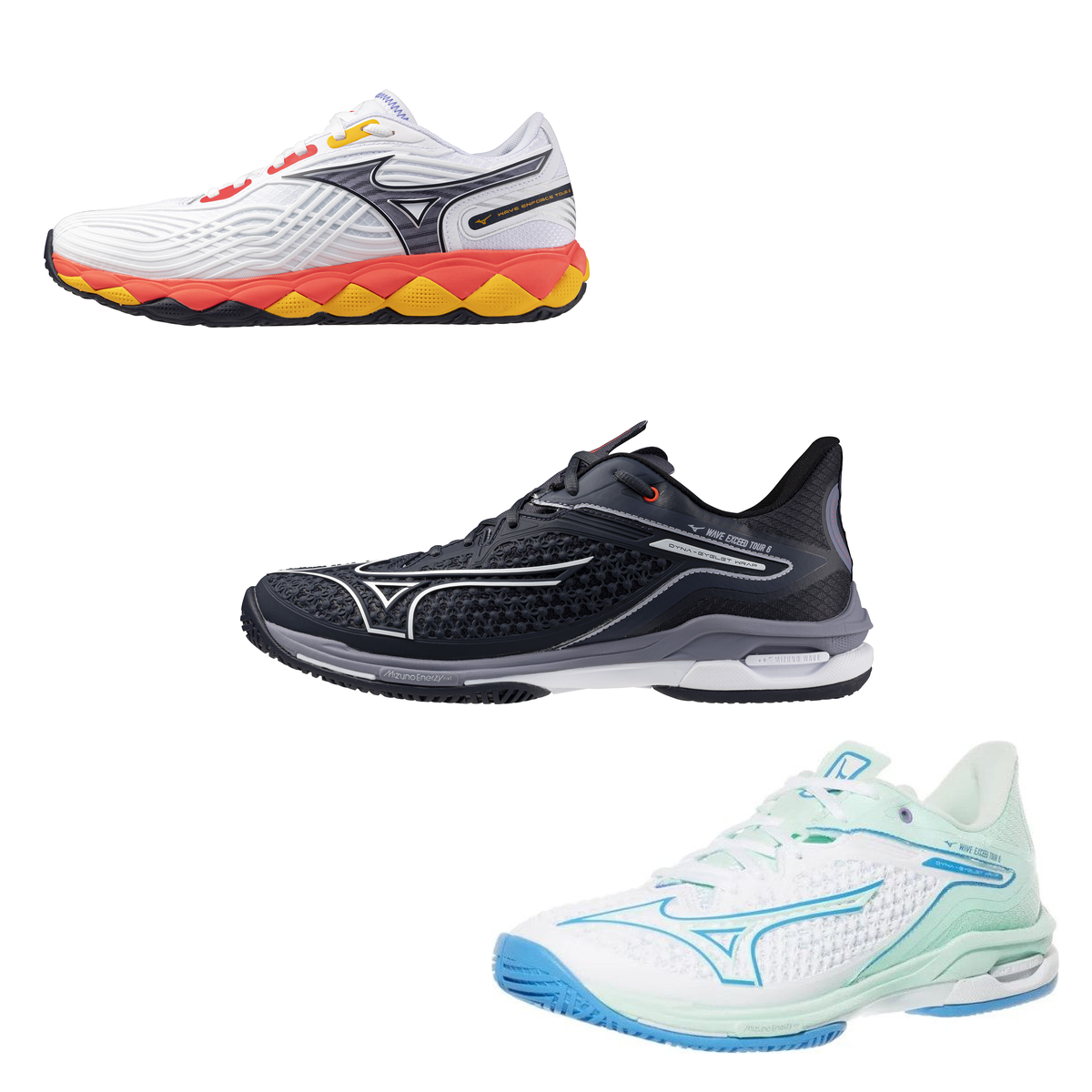 Mizuno Wave Enforce Tour 2, Wave Exceed Tour 6 mens and Wave Exceed Tour 6 womens tennis shoes