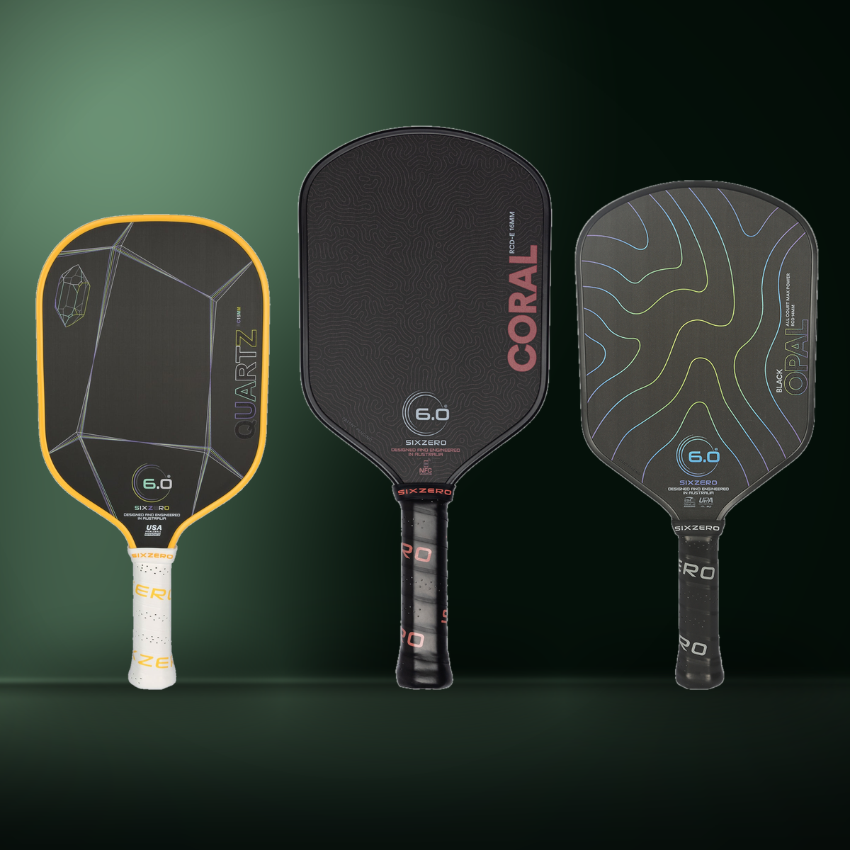 Six Zero Quartz, Coral and Black Opal pickleball paddles