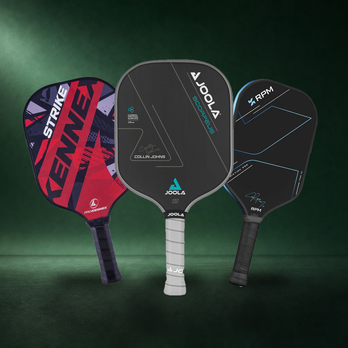 Pro Kennex Strike at 99 dollars, JOOLA Collin Johns Scorpeus at 269 and RPM Friction Pro V2 at 369, one paddle from each price tier