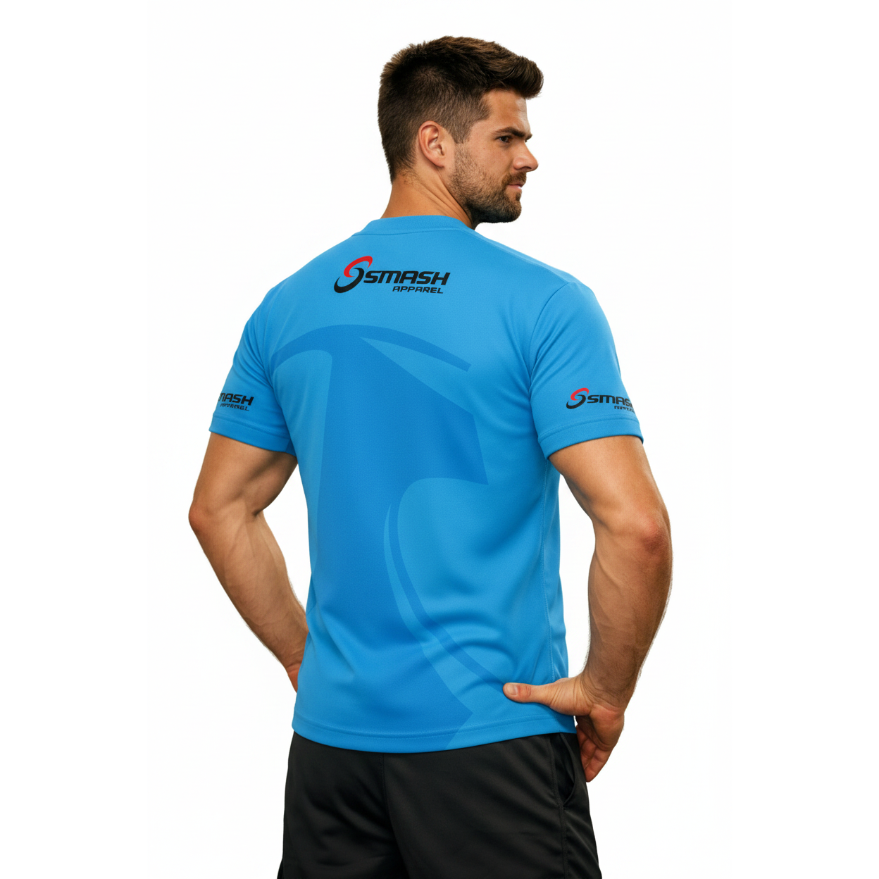Blue shirt rear three-quarter studio