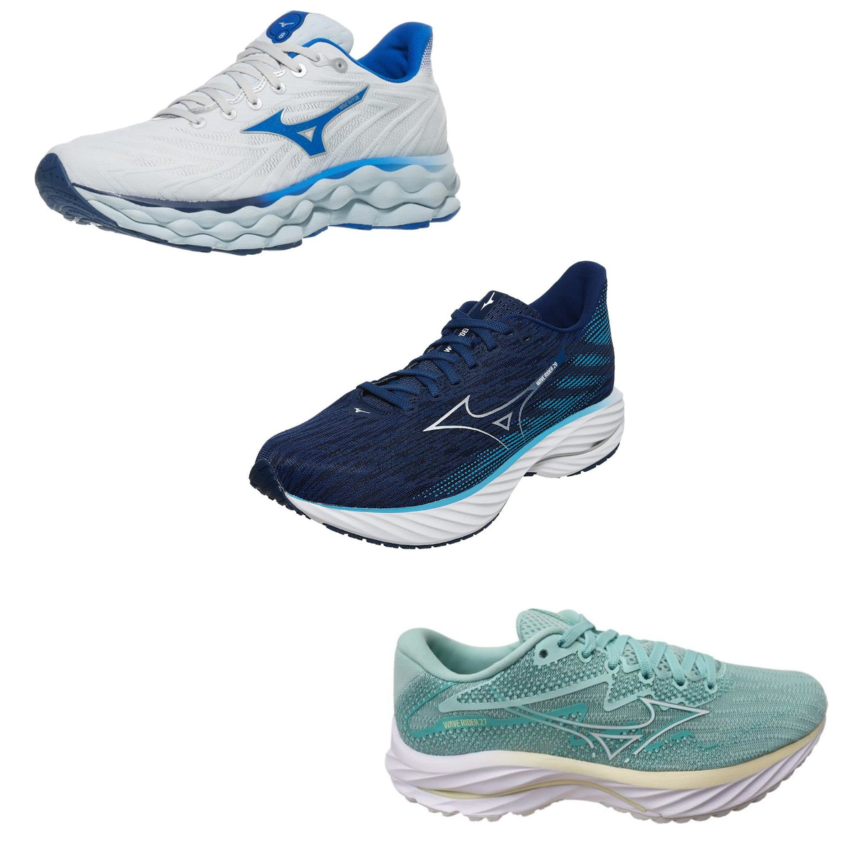 Mizuno Wave Sky 8 mens, Wave Rider 28 mens and Wave Rider 27 womens road running shoes