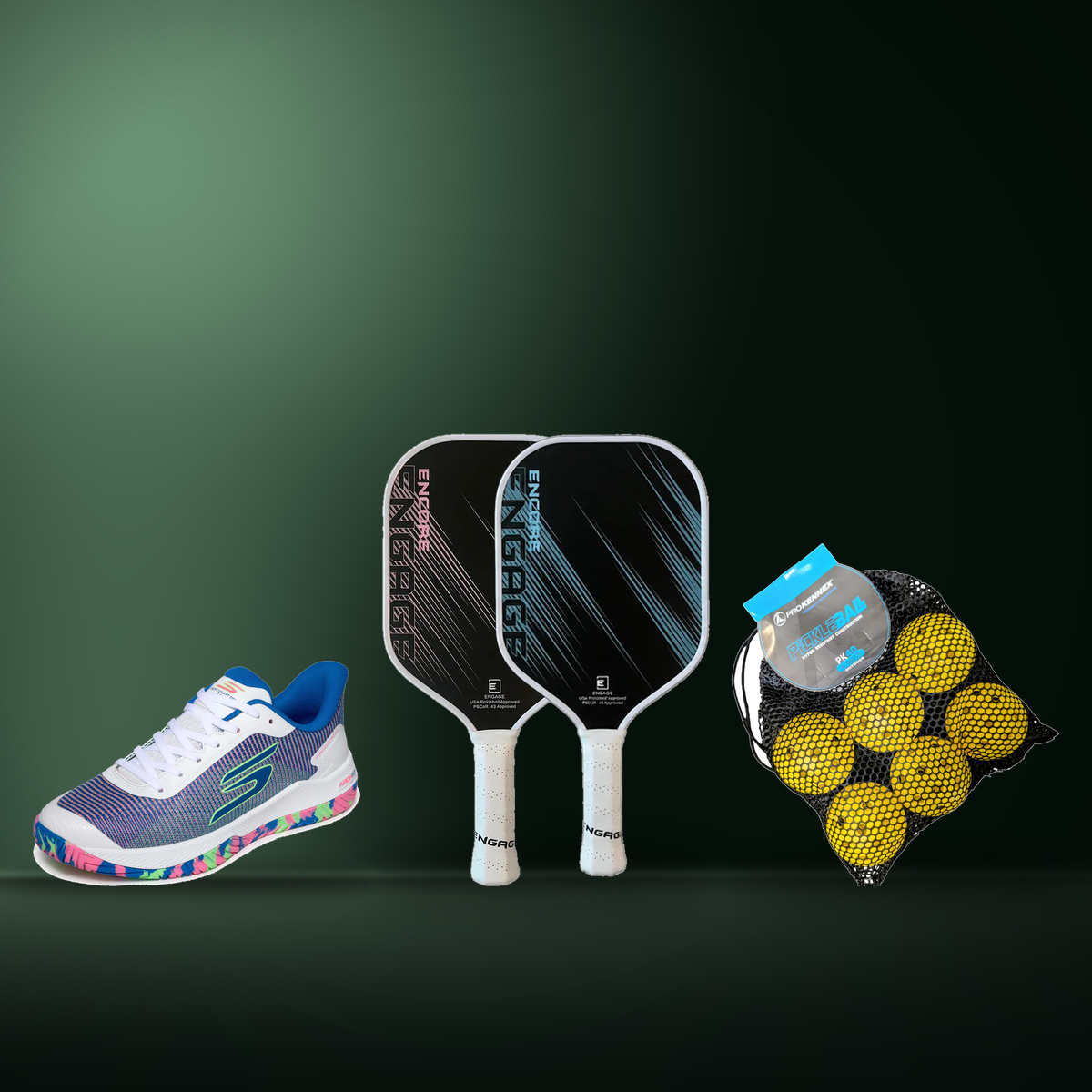Skechers court shoe, Engage Encore pickleball paddles and a six pack of Pro Kennex pickleballs, available for same day delivery across Melbourne from Racquet World Epping