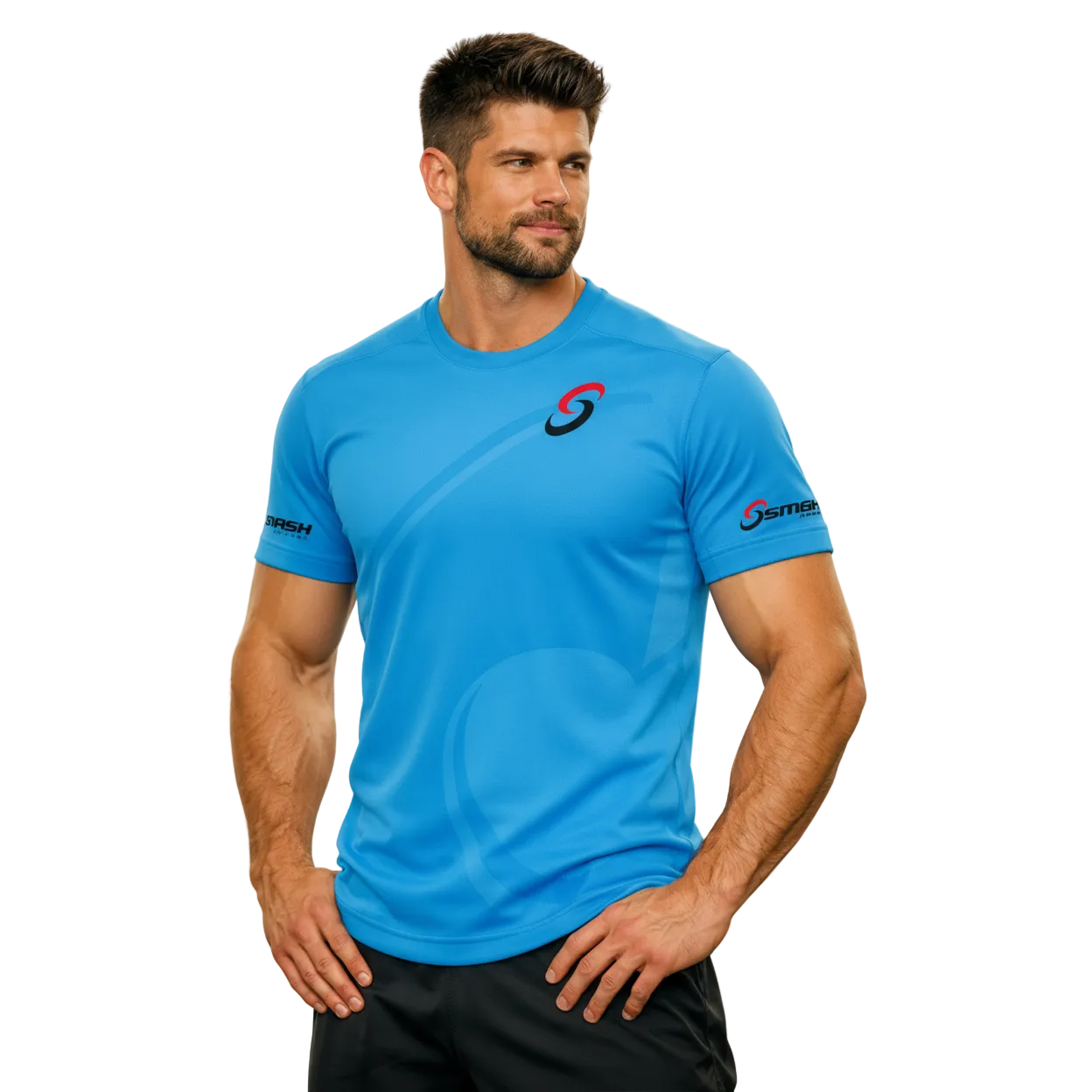 Blue shirt three-quarter front studio